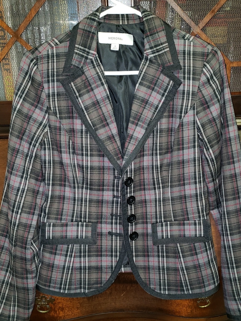 Merona Gray Plaid Blazer with Red Stripe Accents